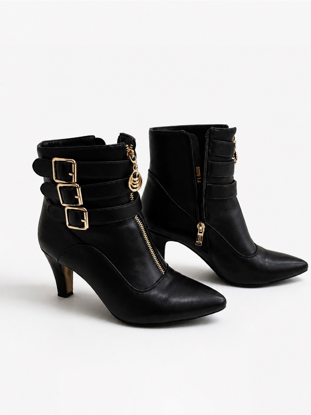 Black Ankle Booties with Gold Buckles and Zipper